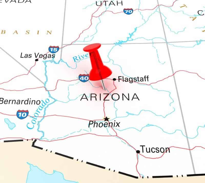 Arizona on a map with a red pin