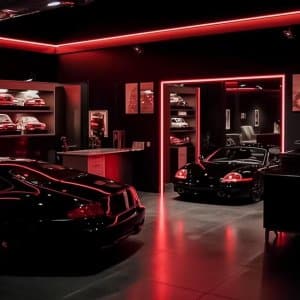 Two cars inside building with red LED lights