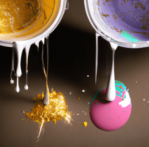 one paint bucket spilling glitter and the other spilling multi colors