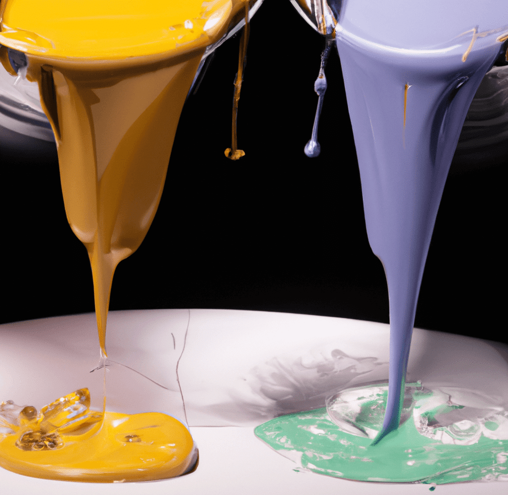 Orange paint and purple paint spilling out of buckets