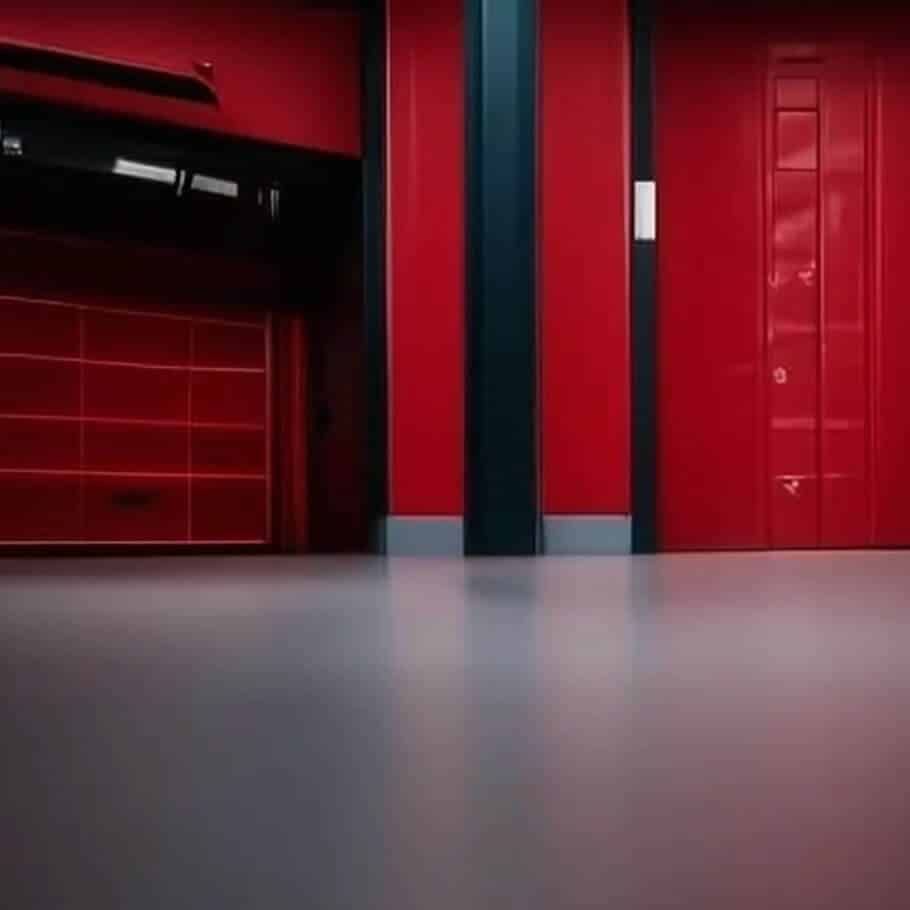 Red Walls with Garage Door and Gray Epoxy Floor Coating